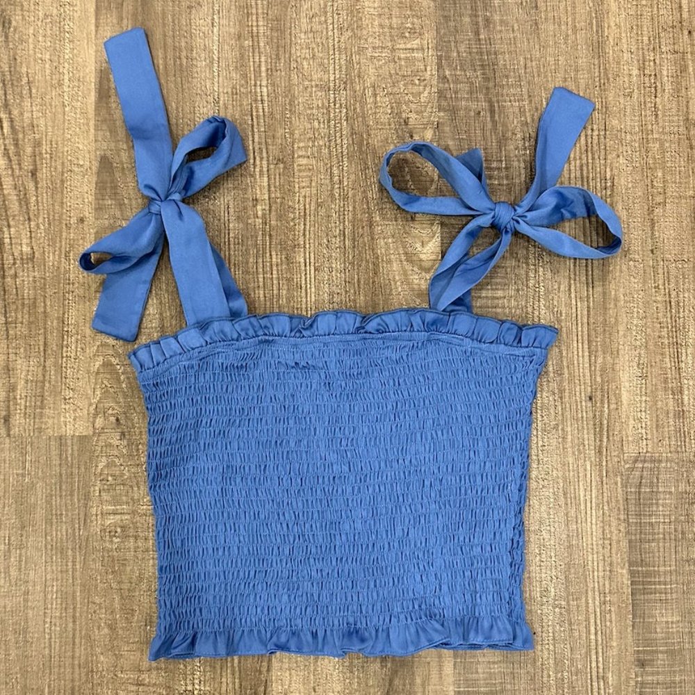 Blue Ruffle Tie Strap Crop Top